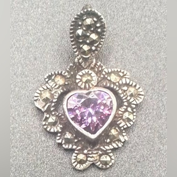 Sterling Silver Vintage Amethyst Marcasite Pendant - Made In Italy - Picture 1 of 5
